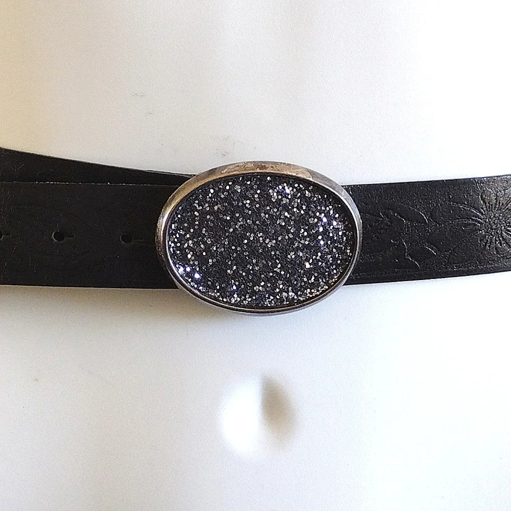 HipWear Black Embossed Italian Leather Belt Silver Glitter Oval Buckle
